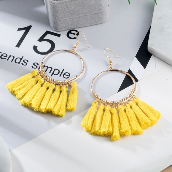 BE20 | Boho Hoop Yellow Cotton Tassel Earrings - Picture 2 of 3